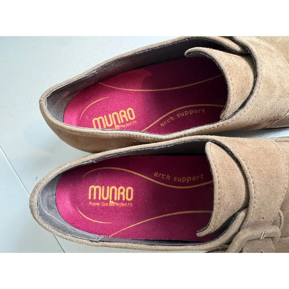 Munro Women's Winslow Monk Strap loafers fawn tan suede chunky lug sole Sz 9.5